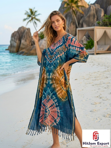 Bohemian Tie Dye Kaftan Dress Women Loose Batwing Sleeve <b>Ankle</b> Length Summer Beach Cover Up Viscose Polyester - Product Image 2