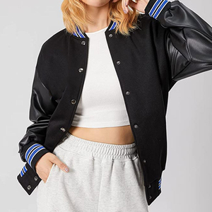 Top Fashion Varsity <b>Jacket</b> With PU <b>Leather</b> Sleeves And Blue Stripe Trim Full Sleeve Chenille Patches Embroidery Wool Letterman - Product Image 5