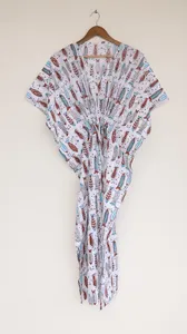 Vestido Kaftán de Algodón con Estampado de Peces Estilo Boho para Mujer, Blanco, para la Playa, con Cintura Ajustable con Cordón, Cuello en V, Ropa de Resort - Product Image 6