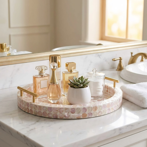 Round Pink Mother of Pearl Inlay Tray, Mosaic Shell Decorative Tray with Gold Handles, <b>Vanity</b> Organizer & <b>Table</b> Centerpiece - Product Image 3