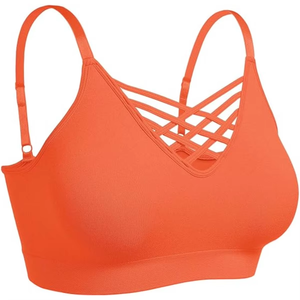 Sujetador deportivo para mujer, sin aros, con espalda cruzada, color naranja liso, tirantes ajustables, copa completa, de elastano y poliéster, para todas las estaciones. - Product Image 3