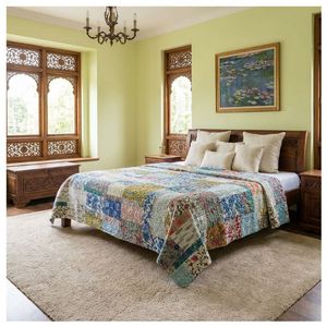 Hand Block Printed Cotton Kantha <b>Throw</b> Twin Size 150x220 cm Hand Embroidered Indian Handmade Quilt Bedspread Home Textile Export - Product Image 1