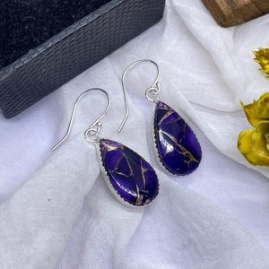 Boucles d'oreilles pendantes en cuivre violet et turquoise, en argent sterling 925, bijoux minimalistes avec pierres précieuses, cadeau - Product Image 4