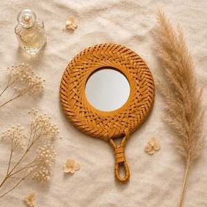 Handcrafted Woven Rattan Handheld <b>Mirror</b> Round Wicker Vanity Makeup <b>Mirror</b> With Handle Boho Cosmetic Dressing Decor Gift - Product Image 6
