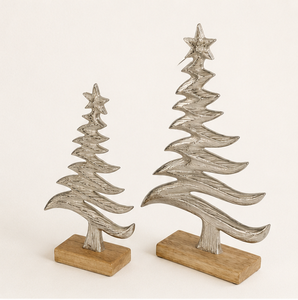 Attractive Silver Metal Christmas Tree Sculpture With Sturdy Wooden Base Modern Handcrafted Holiday Tabletop <b>Decor</b> For Festive - Product Image 3
