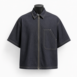 Veste décontractée surdimensionnée en jean sergé vintage à manches courtes et fermeture éclair pour homme avec poche utilitaire – Collection Printemps - Product Image 1