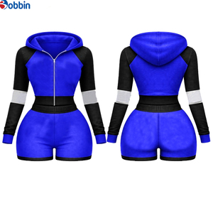 Outfit Hot Selling Women's <b>Red</b> Black Color Block Hooded Zipper Sports Wear 2 Pcs <b>Shorts</b> Set Full Sleeve Knitted Tracksuit - Product Image 2