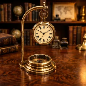 Horloge de bureau nautique vintage en laiton avec boussole, horloge de table maritime antique, support incurvé, cadran à chiffres romains, luxe exécutif - Product Image 2