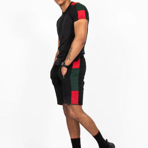 Ensemble T-shirt et short pour homme, noir et rouge, style color block, tenue décontractée d'été, respirant, tricoté, 100% coton, imprimé numérique, 220g - Product Image 2