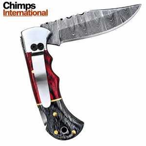 Couteau pliant tactique de survie pour la chasse et le camping en plein air, lame en acier Damas, manche en bois Pakka, clip de ceinture - 7 pouces, garantie de 3 ans - Product Image 4