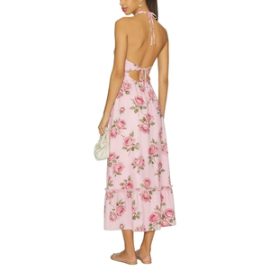 Robe longue d'été sans manches à imprimé floral rose romantique décontracté, coupe trapèze, style licou, pour femme, impression numérique - Product Image 3