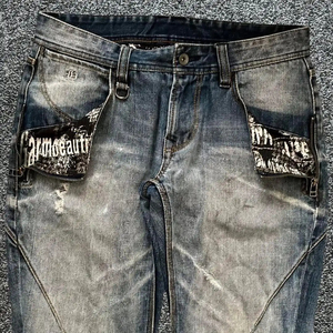 Jean en denim tissé uni coupe droite ample taille mi-haute déchiré à l'avant avec logo en coton style streetwear Y2K Printemps - Product Image 2