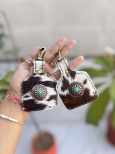 Cowhide Leather <b>Key</b> <b>Chain</b> Rectangular Shape Unique Design Western Conchos Turquoise Stone Decorated Unisex Accessory - Product Image 4