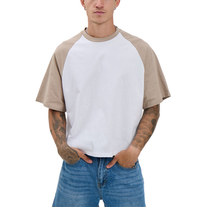 Men's Oversized <b>Raglan</b> <b>Sleeve</b> <b>T</b>-<b>Shirt</b> White Beige Contrast Color Blocked O-Neck Casual Jersey 100% Cotton Solid Design - Product Image 2