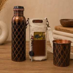 Botella de Cobre Oscuro Premium Heritage con Funda de Lona, Ecológica, Portátil, Multiusos, para el Hogar, con Tapas y Posavasos - Product Image 4
