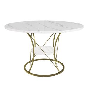 Mesa de Comedor Redonda Extensible de 43 Pulgadas con Base de Metal Dorado y Chapa de Mármol, Mesa de Cocina Estilo Rústico con Estante de Almacenamiento para 4-6 Personas - Product Image 4
