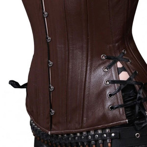 Women's Brown 100% <b>Leather</b> <b>Corset</b> Vintage Style Waterproof Zipper Closure V-neck Outerwear - Product Image 3