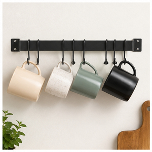 Support mural robuste pour ustensiles de cuisine avec crochets coulissants, rail de suspension en métal noir mat pour spatules, poêles et tasses - Product Image 4
