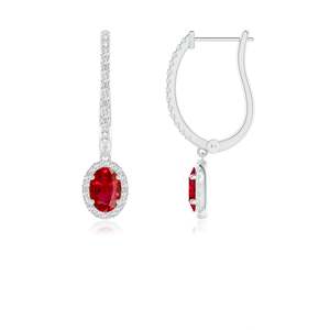 14KT Solid Gold Natural Ruby Diamond Drop Hoop <b>Earrings</b> | Oval Ruby Halo <b>Fine</b> Jewelry | Luxury Bridal <b>Earrings</b> Gift for Fiance - Product Image 1