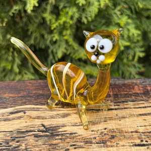 Figurine de chat en verre soufflé jaune, sculpture animale en verre soufflé, décoration - Product Image 1