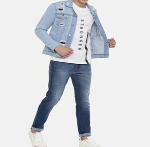 High Street Men's Top Selling Denim Jacket 100% Cotton Washable Fitted Ripped Design Snap Collar Hand <b>Warmer</b> Pockets for Winter - Product Image 2