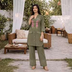 Women's Olive Green Embroidered <b>Linen</b> Cotton Kurta <b>Set</b> Three Quarter Sleeve Floral Design Casual Spring Summer Outfit - Product Image 2