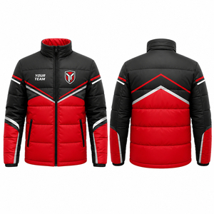 Custom Men's Red Black Sporty Eco-Friendly <b>Fleece</b> Varsity <b>Jacket</b> Badge Zipper Hooded Winter Windproof <b>Thick</b> Polyester Wadding - Product Image 1