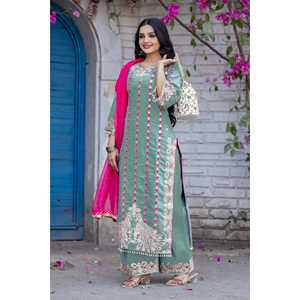 Conjuntos de traje de diseñador para mujer Beautiful Plazzo Top y Dupatta Elegant Designer Wear - Product Image 4