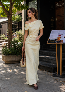 Robe longue asymétrique jaune élégante à une épaule, froncée, mi-mollet, en coton, taille naturelle, pour femme, idéale pour les fêtes - Vente en gros - Product Image 1