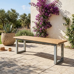Banc de patio en teck massif à bords naturels, 2 places, avec pieds en métal, design traditionnel, durable, pour l'extérieur, hôtel, cour - Product Image 4