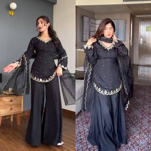 Ensemble 3 pièces en soie crêpe naturelle lourde avec haut, bas et dupatta pour mariage et soirée, style moderne, séchage rapide - Product Image 3