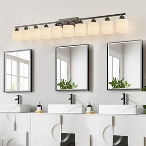 Lampada da Bagno Moderna Nera Opaca a 10 Luci, 65,4 Pollici, con Paralumi in Vetro Bianco - Product Image 3