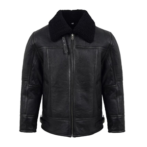 Mens Black Leather Jacket With Black <b>Fur</b> Collar Winter Shearling B3 Coat Genuine Sheepskin Warm Fleece Lined Biker Jacket - Product Image 4