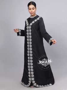 Vestido largo modesto de tafetán negro para mujer Awais House, de fibra de poliéster, manga larga, con bordado de cuentas, cuello en V, corte en A - Product Image 1