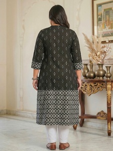 Women's <b>Plus</b> <b>Size</b> Cotton A LINE Kurta Black Ikat Printed Mandarin Collar Three Quarter Sleeves Comfortable Daily Wear - Product Image 5