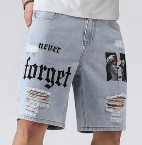 Shorts en jean stretch pour homme, style streetwear, déchirés, longueur genou, baggy, confortables, cargo, décontractés - Product Image 1