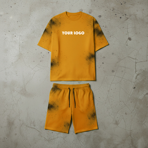 Streetwear Custom Logo Spray Dye Two Piece Men's Summer Suit 2 Piece Acid Wash Shorts and T Shirt <b>Set</b> for Men - Product Image 4