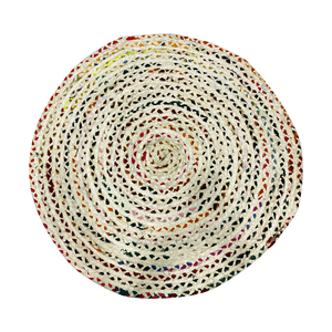 Tapis rond artisanal 100 % laine blanc cassé, coloré, en chindi recyclé, tressé, à tissage plat en spirale, style bohème, pour accent de décoration - Product Image 4