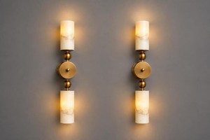 Pair Of Alabaster Tube <b>Wall</b> <b>Sconce</b>, Antique Brass <b>Wall</b> Lamp, Contemporary Bedroom <b>Lighting</b> - Product Image 5