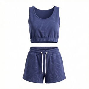 Women's 2 Piece Sports <b>Set</b> Sleeveless Crop Top and Above Knee Shorts Solid Blue <b>Knitted</b> Breathable Sporty Style Spring Summer - Product Image 1