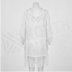 White Crocheted V-Neck Tassel Beach Dress Women Breathable Handmade Solid Hollow Out <b>Boho</b> Style Cover Up - Product Image 2