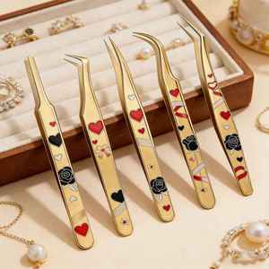 Pince à épiler en émail doré pour cils, motif cœur et rose, pince à eyeliner de précision, pointes courbées et plates pour salon de beauté - Product Image 1