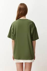 Camiseta Holgada Verde Sólida Informal de Verano para Mujer, Cuello Redondo, Manga Corta, Tejido de Punto, Corte Relajado, Ligera y Ecológica - Product Image 3