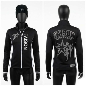 เสื้อแจ็คเก็ตฝึกซ้อมเชียร์ลีดเดอร์ระดับพรีเมียม ผ้าโพลีเอสเตอร์เรยอนถักยืดได้ 330gsm สีดำขาว แต่งขอบด้วยผ้าตัดสี  โลโก้ประดับคริสตัลแบบสั่งทำ - Product Image 1