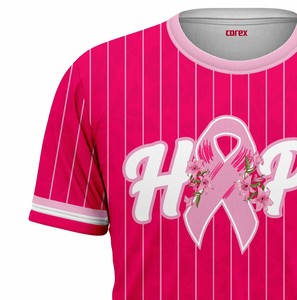 Camiseta Deportiva Personalizada Rosa Fresa a Rayas con Estampado de Lazo de Esperanza, Cuello Redondo, Manga Corta, Transpirable, de Poliéster - Product Image 4