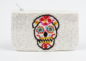 Beaded Skull Coin <b>Purse</b> <b>White</b> Handmade Bohemian Zipper Closure Mini Unisex - Product Image 3