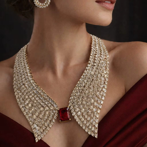 Nouveau Collier Européen Américain à Col Ouvert, Motif Floral, en Cuivre et Zircon, Plaqué Or 18K, pour Robe de Soirée de Luxe - Product Image 1
