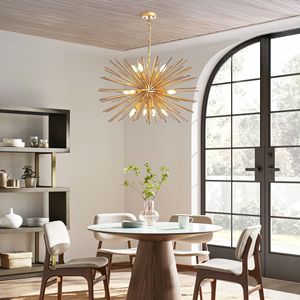 Mid-Century Modern 12-Light Starburst <b>Chandelier</b> 29\" Gold <b>Sputnik</b> Pendant Light Fixture for Living Room Dining Room Foyer-Bulb - Product Image 2