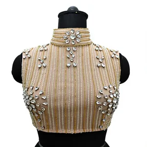 Elegant High Neck Beaded Crop <b>Top</b> Sleeveless Rhinestone Embellished Sheath Gown Evening Dress - Product Image 1