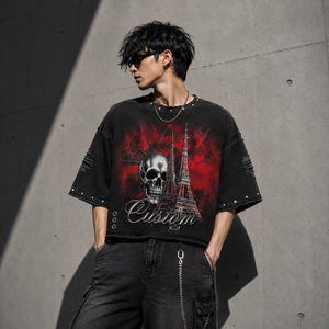 เสื้อยืดทรงครอปไหล่ตกแบบวินเทจพิมพ์ลายตามสั่ง ประดับคริสตัล แขนสั้น ทรงหลวม ใส่ได้ทั้งชายและหญิง - Product Image 6